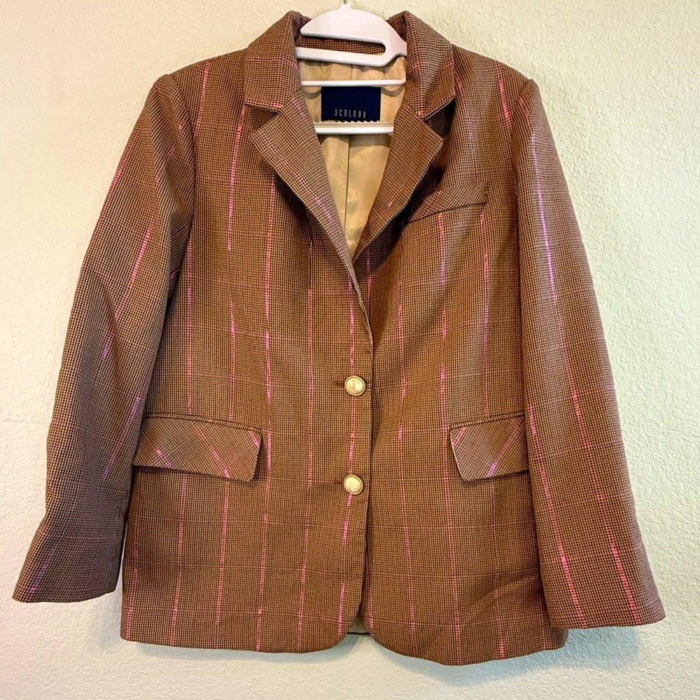 3 COLOUR Brown Multicolor Women's Blazer with Pop of Fuchsia Size Large